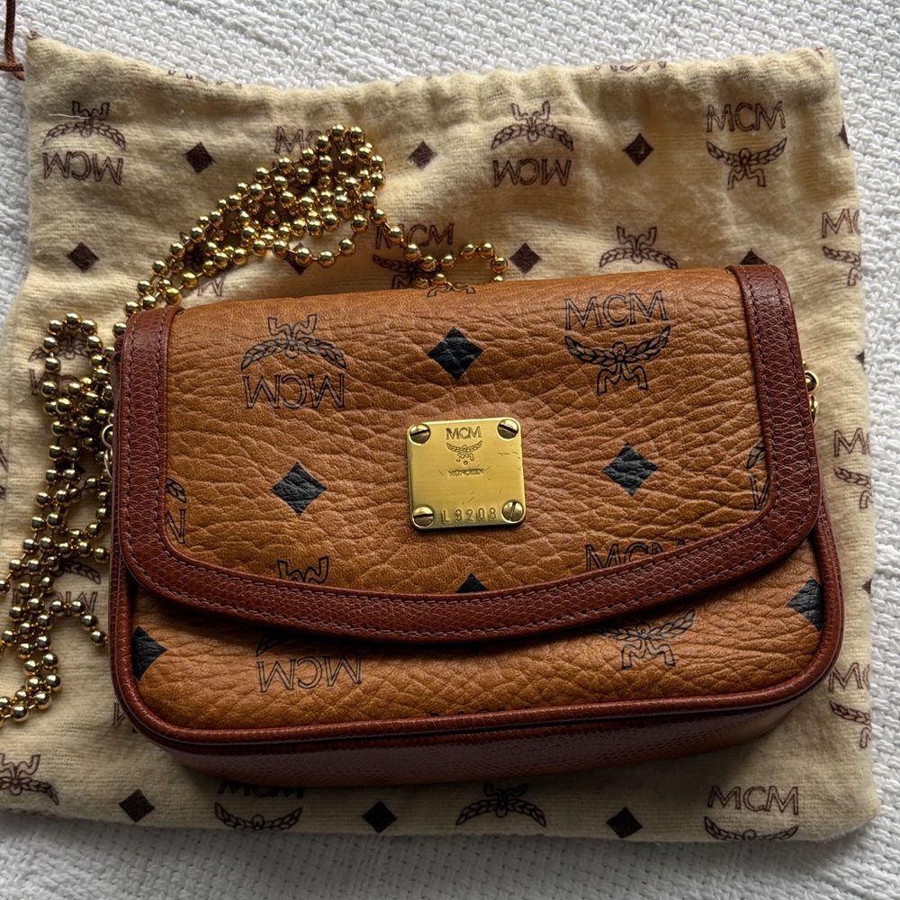 MCM Tan and Brown Crossbody Bag with Gold Accents